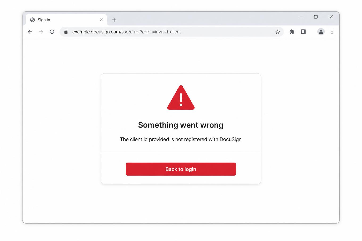 DocuSign certificate error — 'The client id provided is not registered with DocuSign' on Windows browser